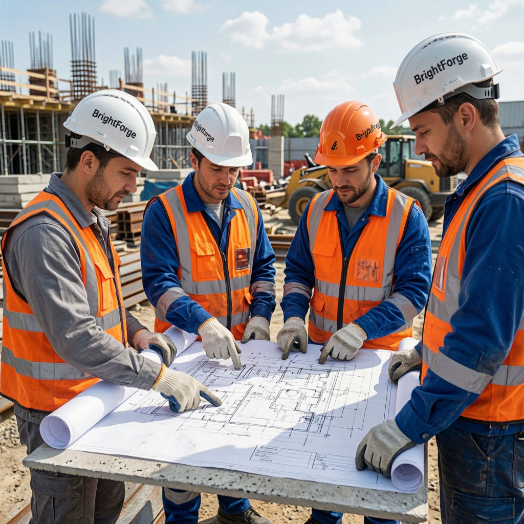 Construction team reviewing plans on site