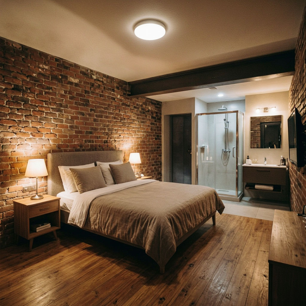 Basement guest suite with bedroom and adjacent bath
