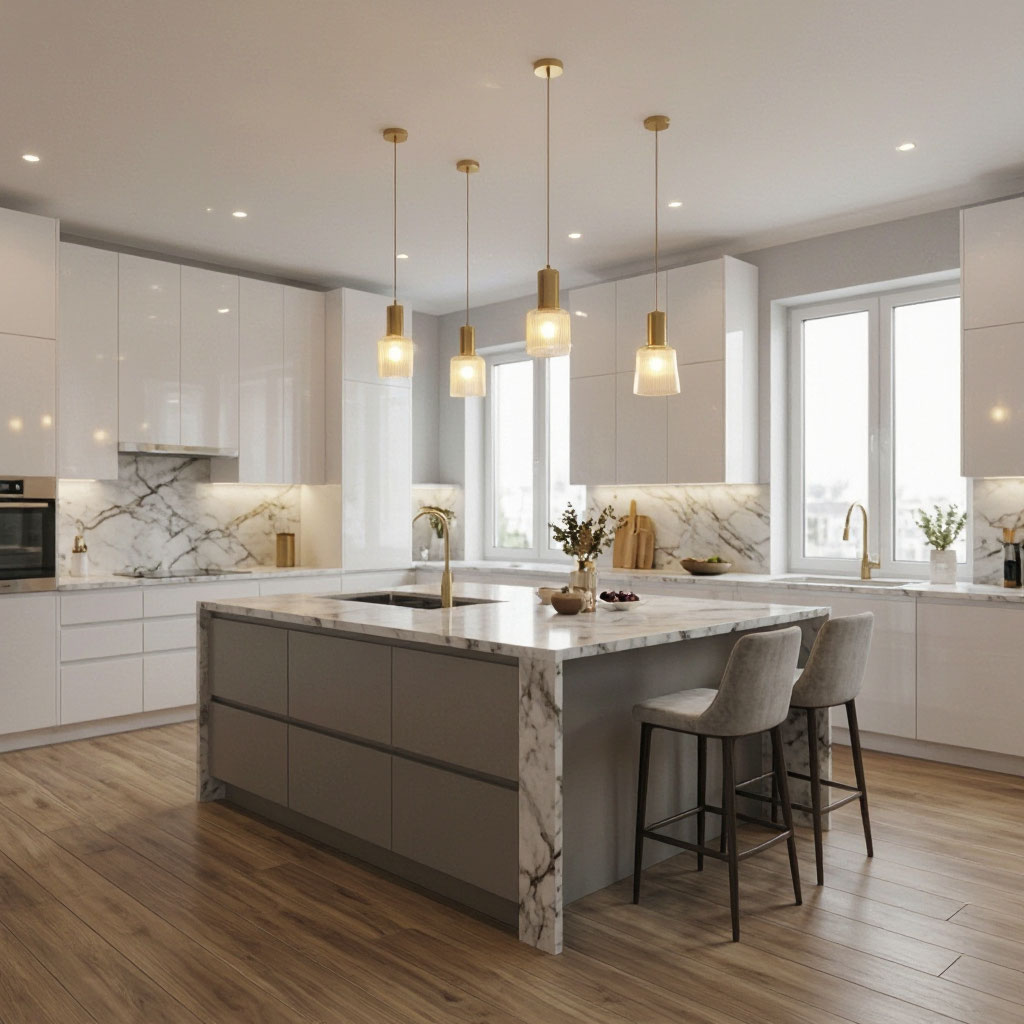 Open kitchen with island and pendant lighting