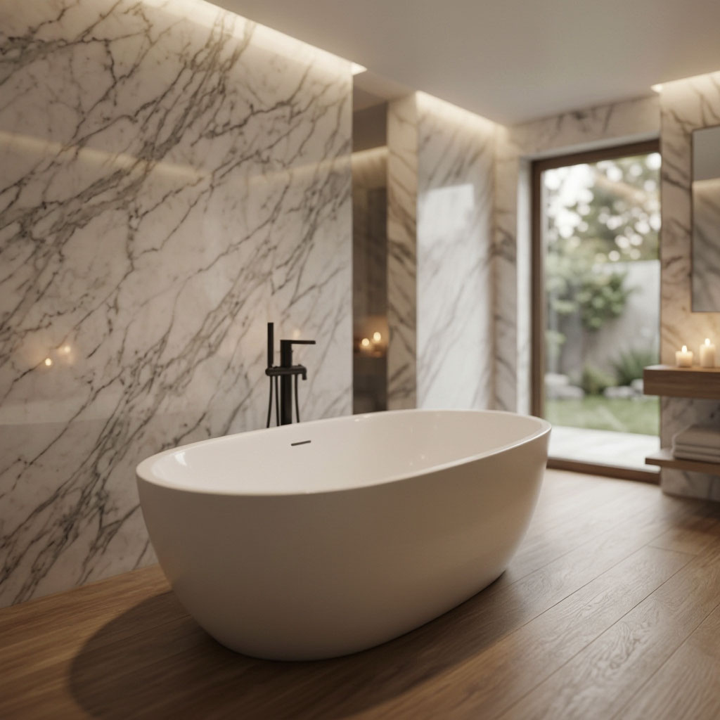 Spa-style primary bathroom with freestanding tub