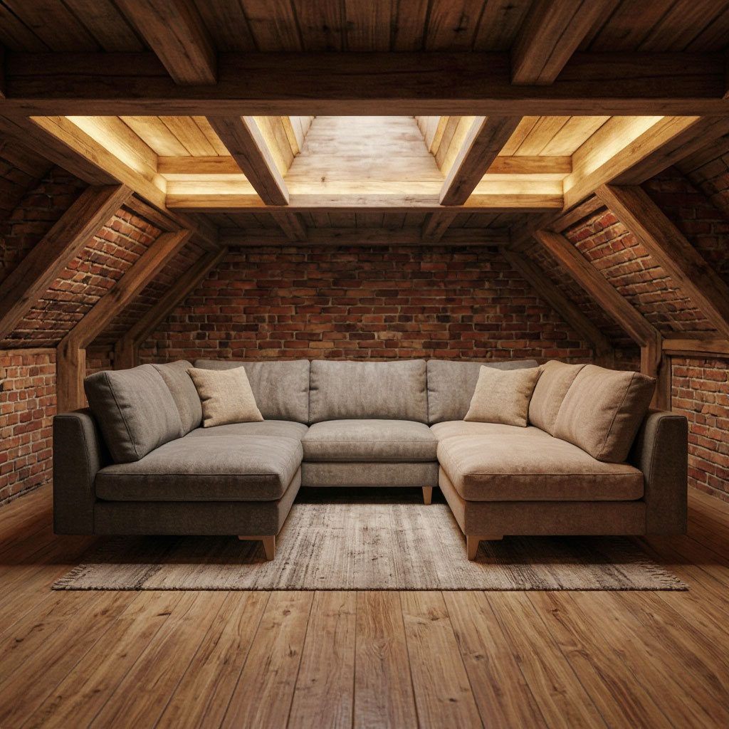 Finished basement with sectional and recessed lighting