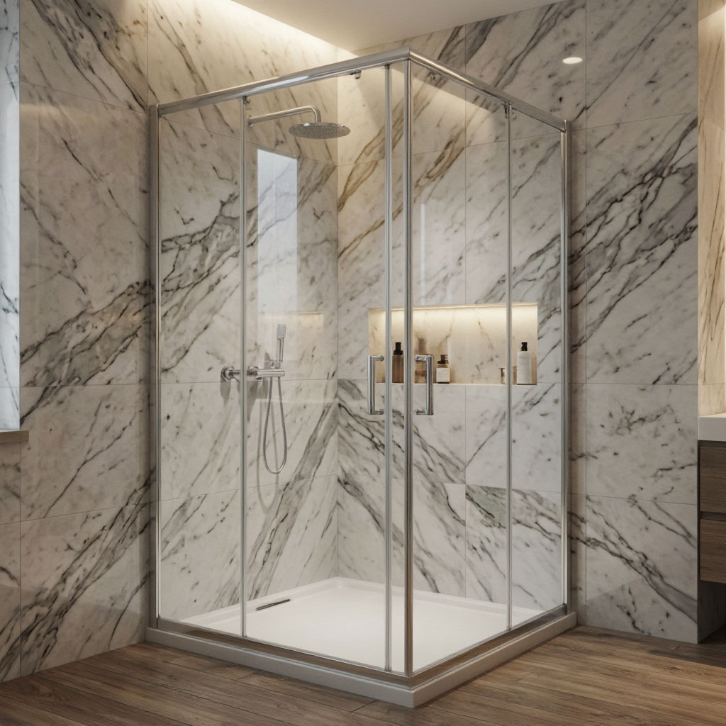Modern walk-in shower with frameless glass