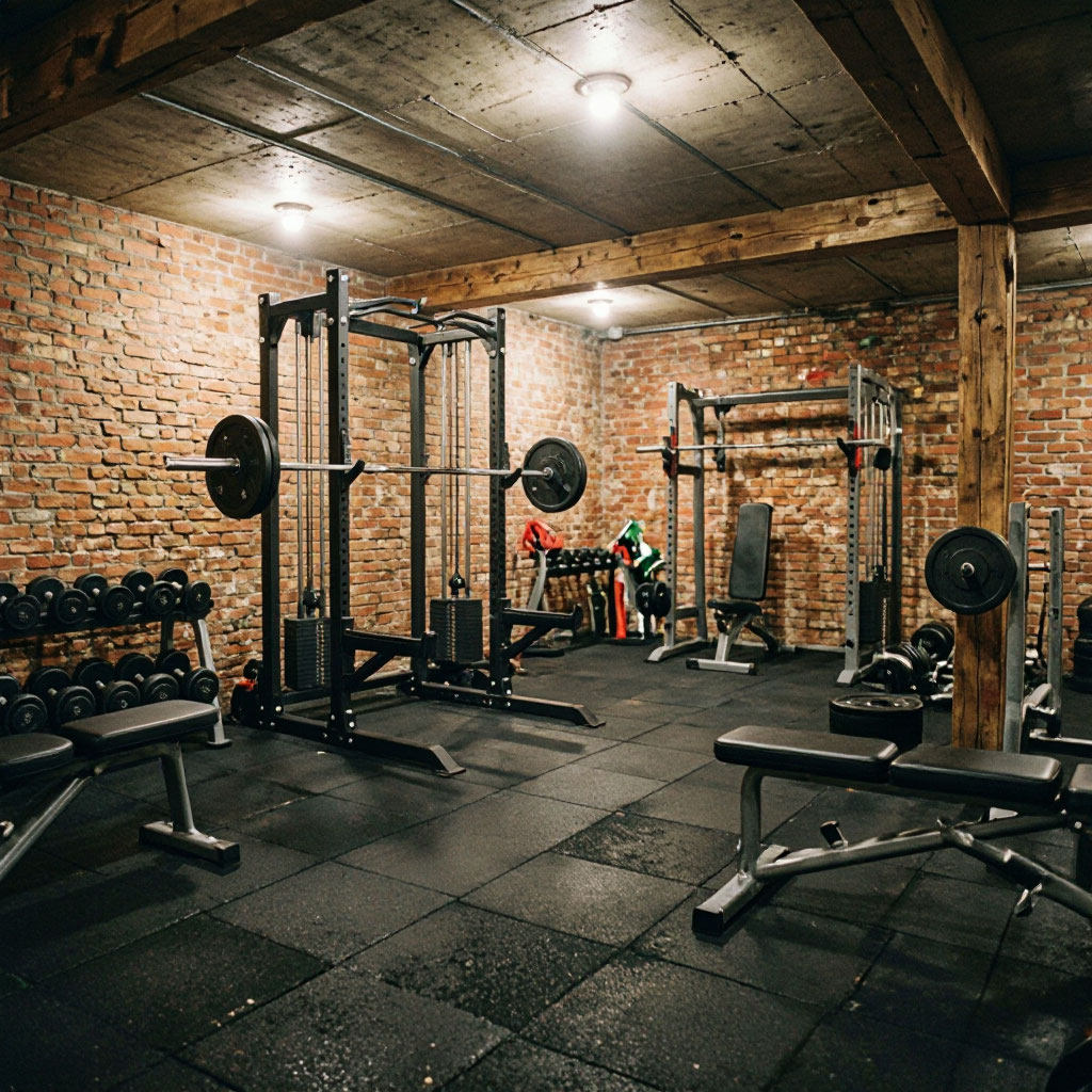 Home gym in finished basement with rubber flooring