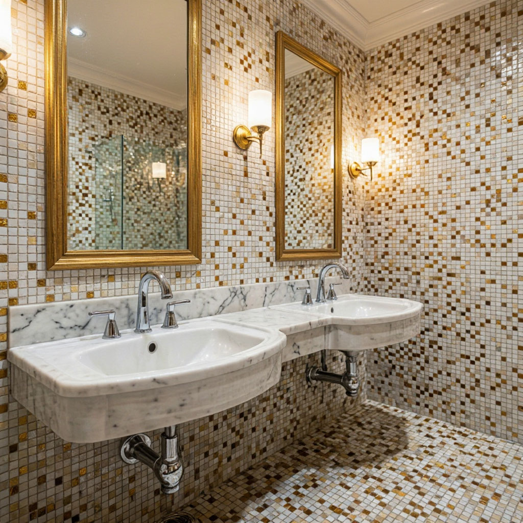 Classic bathroom with mosaic tile and double vanity