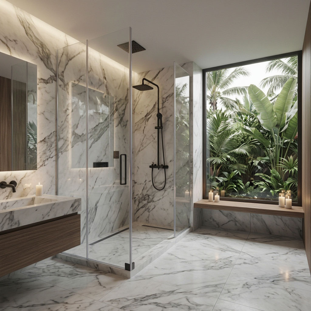 Spa-style bathroom with walk-in shower