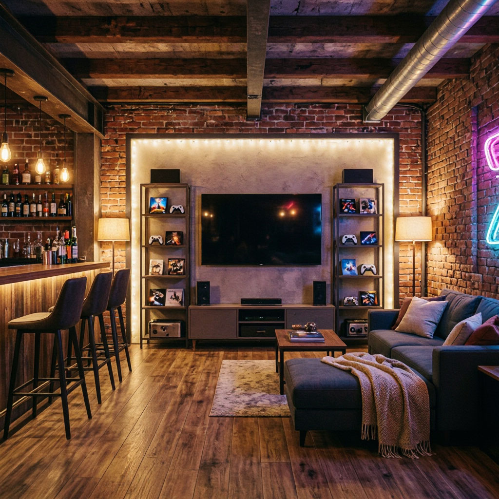 Finished basement with entertainment area