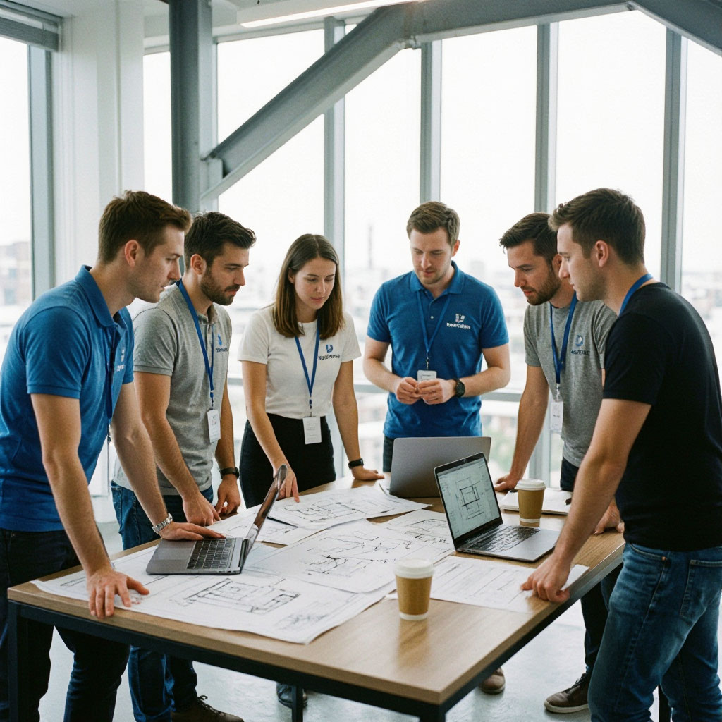 BrightForge crew reviewing plans together